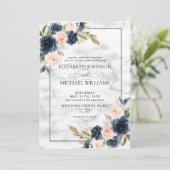 Navy Blue Blush Pink Floral Waterverf Script Kaart (Staand voorkant)