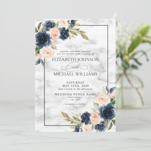 Navy Blue Blush Pink Floral Waterverf Script Kaart (Staand voorkant)