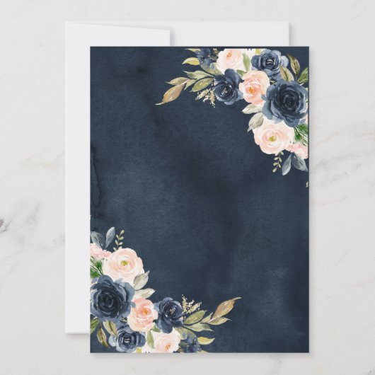 Navy Blue Blush Pink Floral Waterverf Script Kaart (Achterkant)