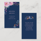 Navy Blue Blush Pink Floral Waterverf Verticaal Visitekaartje (Voorkant / Achterkant)