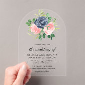 Navy Blue Blush Pink Floral Wedding Acryl Uitnodigingen (Insitu (Draagbaar))