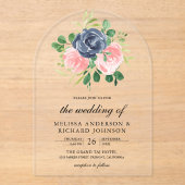 Navy Blue Blush Pink Floral Wedding Acryl Uitnodigingen (Voorkant)