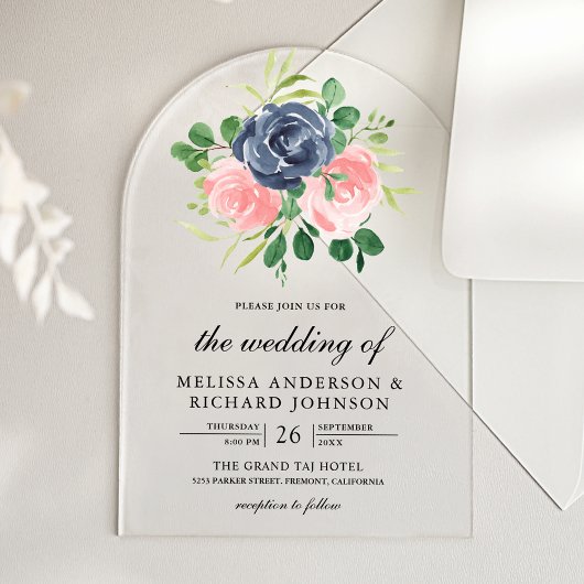 Navy Blue Blush Pink Floral Wedding Acryl Uitnodigingen