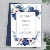 Navy Blue Blush Pink Floral Wedding Invitation