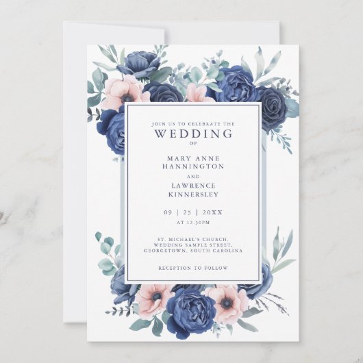 Navy Blue Blush Pink Floral Wedding Invitation (Voorkant)