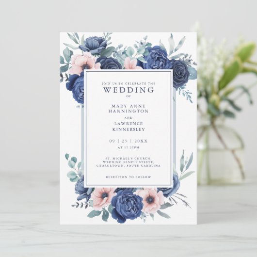 Navy Blue Blush Pink Floral Wedding Invitation (Staand voorkant)