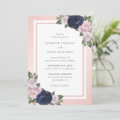 Navy Blue Blush Pink Floral Wedding Invitation Kaart (Staand voorkant)