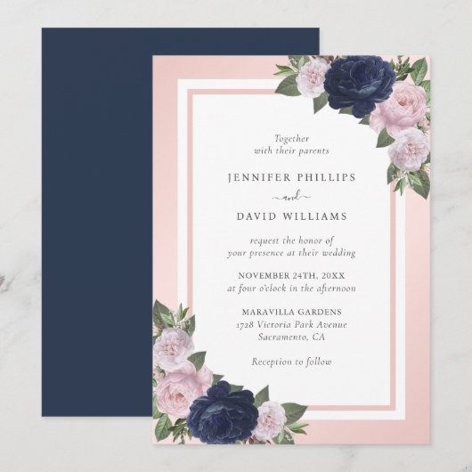Navy Blue Blush Pink Floral Wedding Invitation Kaart (Voorkant / Achterkant)