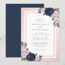 Navy Blue Blush Pink Floral Wedding Invitation Kaart