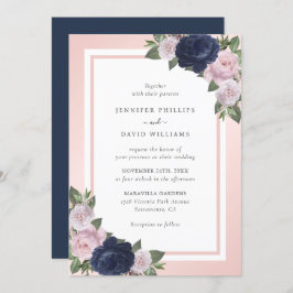 Navy Blue Blush Pink Floral Wedding Invitation Kaart