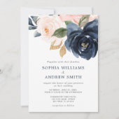 Navy Blue & Blush Pink Floral Wedding Invitation Kaart (Voorkant)