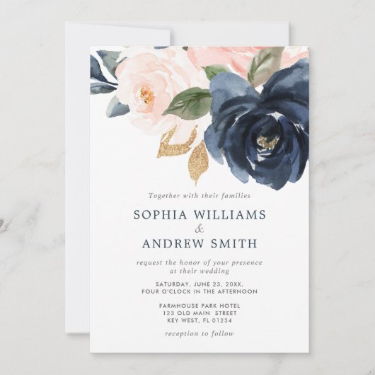 Navy Blue & Blush Pink Floral Wedding Invitation Kaart (Voorkant)