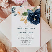 Navy Blue & Blush Pink Floral Wedding Invitation Kaart
