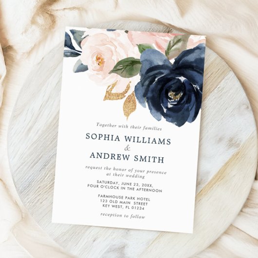 Navy Blue & Blush Pink Floral Wedding Invitation Kaart