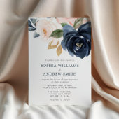 Navy Blue & Blush Pink Floral Wedding Invitation Kaart