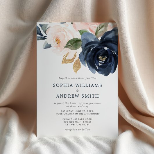 Navy Blue & Blush Pink Floral Wedding Invitation Kaart