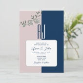 Navy Blue Blush Pink Floral Wedding Invitation Kaart (Staand voorkant)
