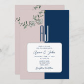 Navy Blue Blush Pink Floral Wedding Invitation Kaart (Voorkant / Achterkant)