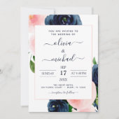 Navy Blue Blush Pink Floral Wedding Kaart (Voorkant)