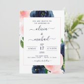 Navy Blue Blush Pink Floral Wedding Kaart (Staand voorkant)