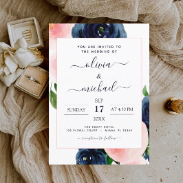 Navy Blue Blush Pink Floral Wedding Kaart