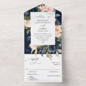 Navy Blue & Blush Pink Floral Wedding - Navy Blue All In One Uitnodiging (Binnen)