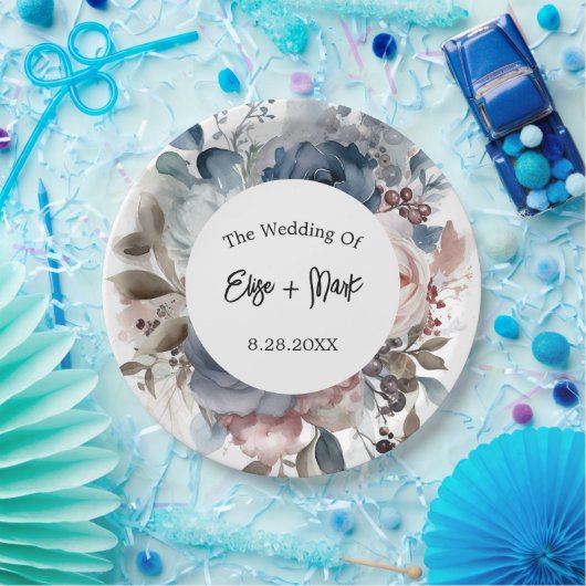 Navy Blue Blush Pink Floral Wedding Papieren Bordje (Feest)