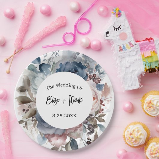 Navy Blue Blush Pink Floral Wedding Papieren Bordje (Feest)