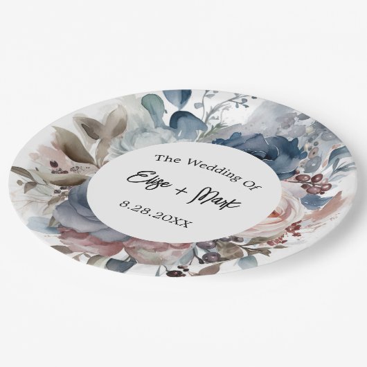 Navy Blue Blush Pink Floral Wedding Papieren Bordje (Gekanteld)