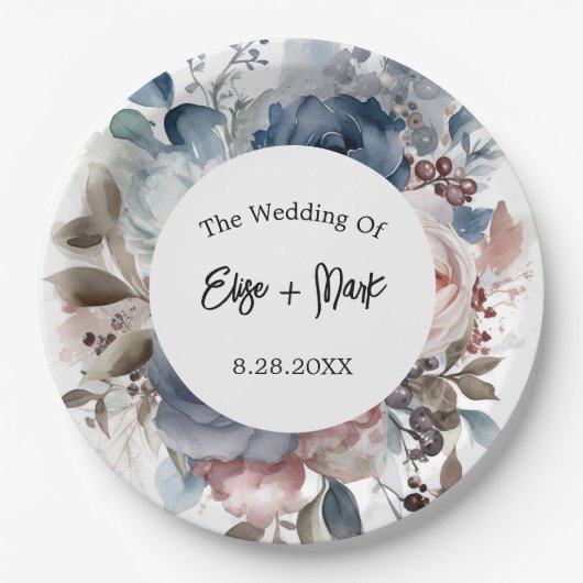 Navy Blue Blush Pink Floral Wedding Papieren Bordje (Voorkant)