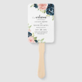 Navy Blue Blush Pink Floral Wedding Programme Handwaaier (Voorkant)
