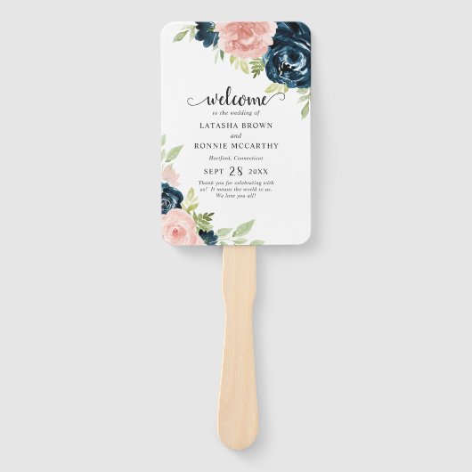 Navy Blue Blush Pink Floral Wedding Programme Handwaaier (Voorkant)