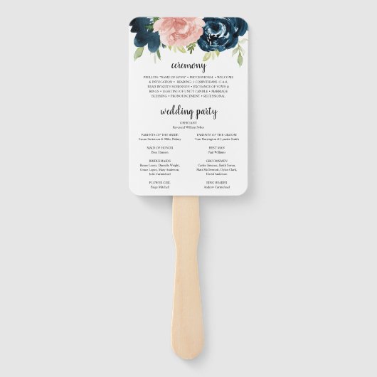 Navy Blue Blush Pink Floral Wedding Programme Handwaaier (Achterkant)