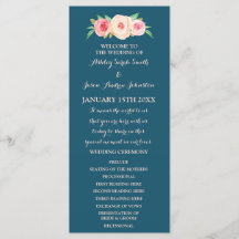 Navy Blue Blush Pink Floral Wedding Programme