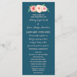Navy Blue Blush Pink Floral Wedding Programme Programmakaart