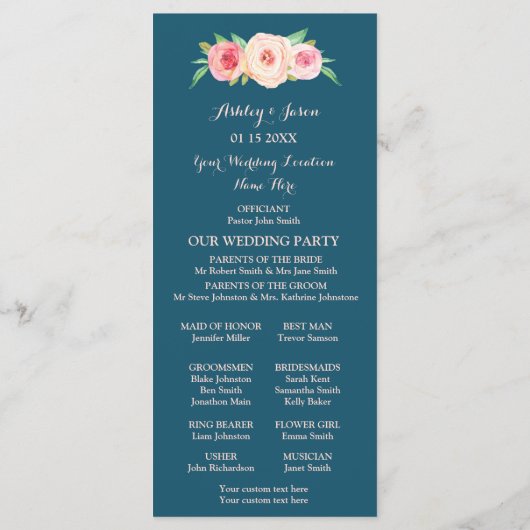 Navy Blue Blush Pink Floral Wedding Programme Programmakaart (Achterkant)