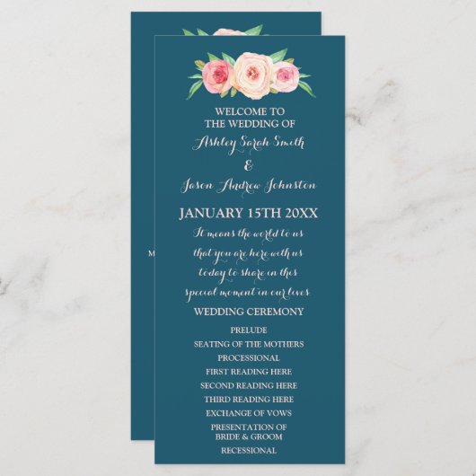 Navy Blue Blush Pink Floral Wedding Programme Programmakaart (Voorkant / Achterkant)