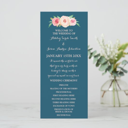 Navy Blue Blush Pink Floral Wedding Programme Programmakaart (Staand voorkant)