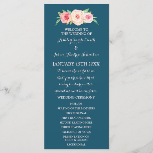 Navy Blue Blush Pink Floral Wedding Programme Programmakaart (Voorkant)