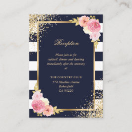 Navy Blue Blush Pink Floral Wedding Reception Informatiekaartje