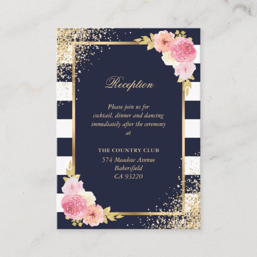 Navy Blue Blush Pink Floral Wedding Reception Informatiekaartje (Voorkant)