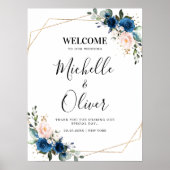 Navy Blue Blush Pink Florals Weddenschap Welkom Poster (Voorkant)
