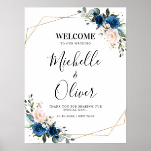 Navy Blue Blush Pink Florals Weddenschap Welkom Poster