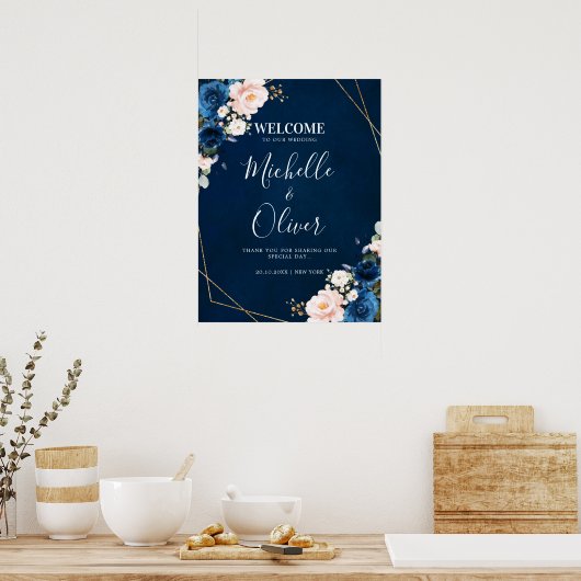 Navy Blue Blush Pink Florals Weddenschap Welkom Poster (Keuken)