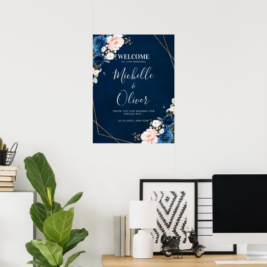 Navy Blue Blush Pink Florals Weddenschap Welkom Poster (Thuiskantoor)