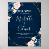 Navy Blue Blush Pink Florals Weddenschap Welkom Poster (Voorkant)