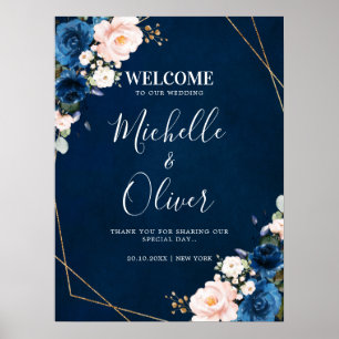 Navy Blue Blush Pink Florals Weddenschap Welkom Poster