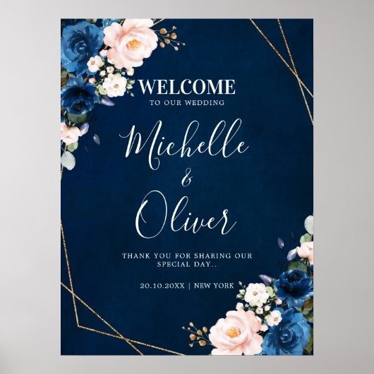 Navy Blue Blush Pink Florals Weddenschap Welkom Poster (Voorkant)