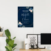 Navy Blue Blush Pink Florals Weddenschap Welkom Poster (Thuiskantoor)