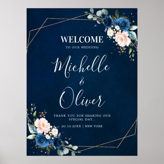Navy Blue Blush Pink Florals Weddenschap Welkom Poster (Voorkant)